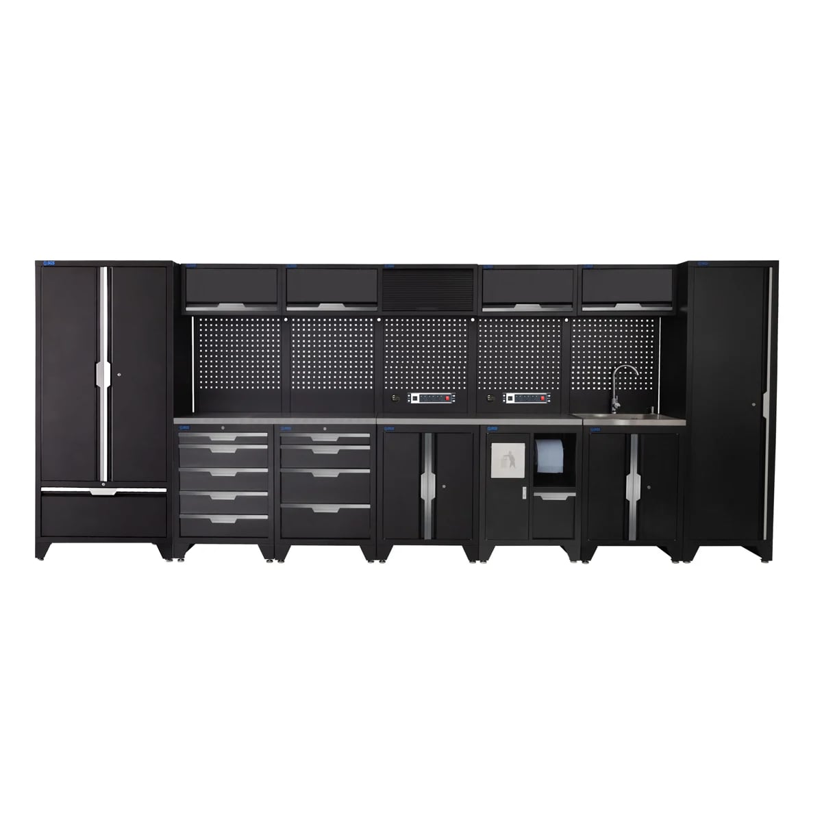SGS 17pc Garage Storage System | 9 Drawers | Stainless Steel Worktop | Tall Single & Double Cabinet with Drawer | Bin Unit | Sink Unit | Floor Cabinet | 5x Upper Cabinets | 2x Pegboards with Power Strip